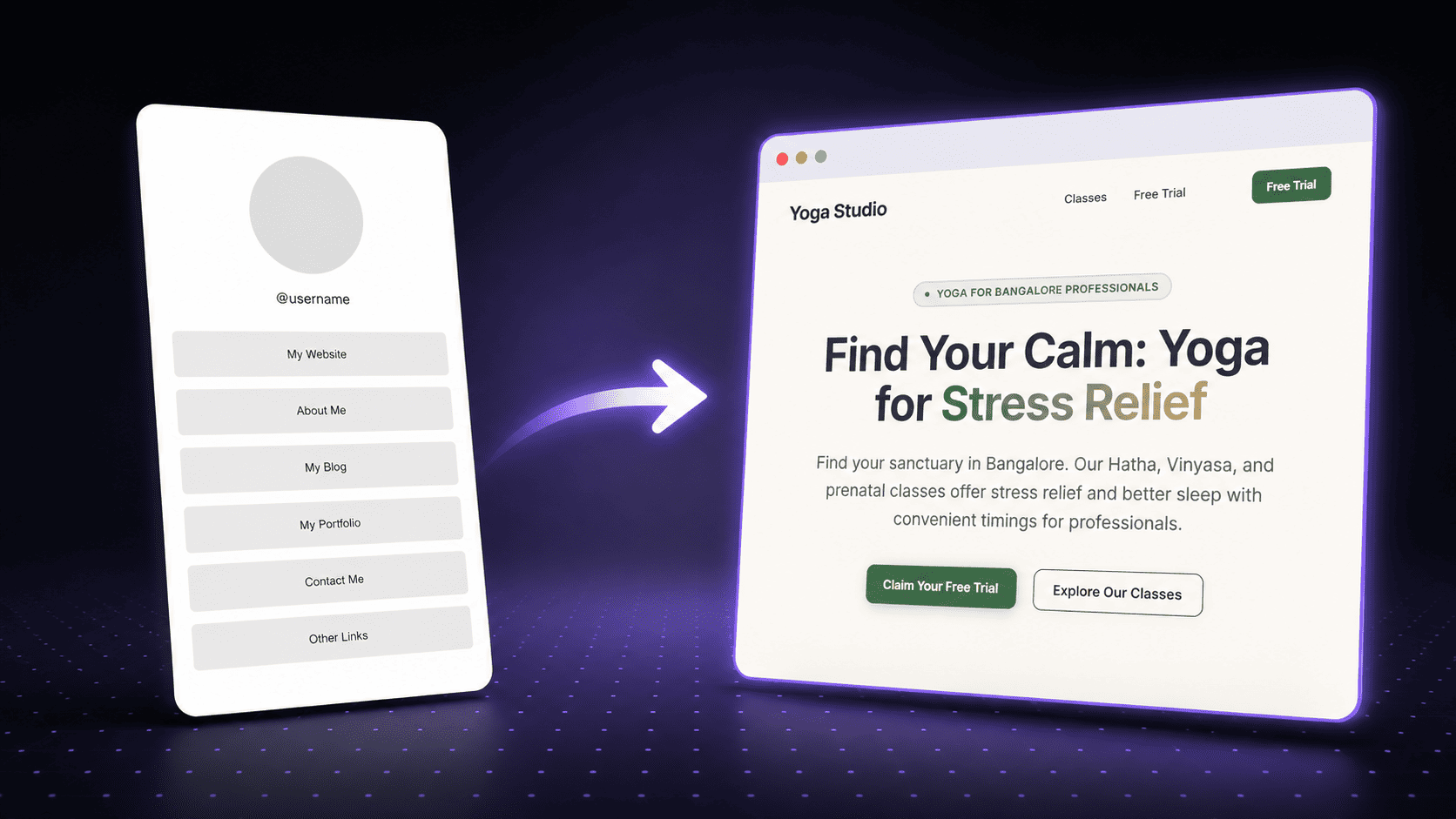 A generic bio-link page turning into the real landing page MakeOurs built