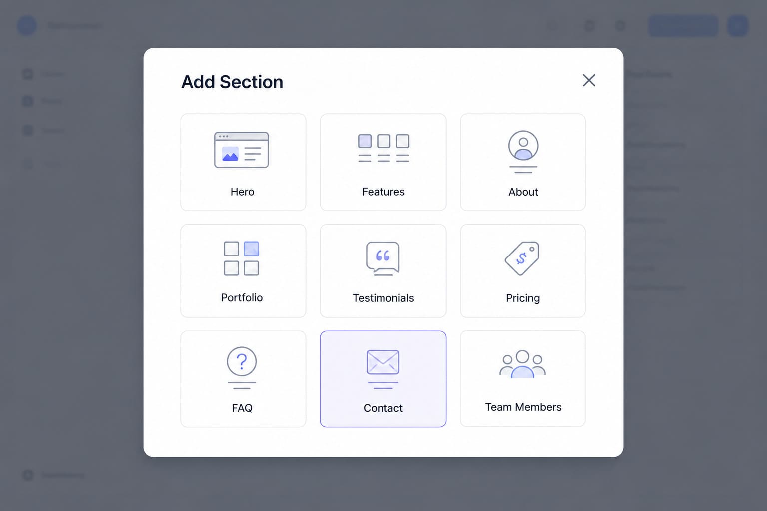The MakeOurs "Add Section" dialog showing section type cards in a grid layout — Hero, Features, About, Contact visible