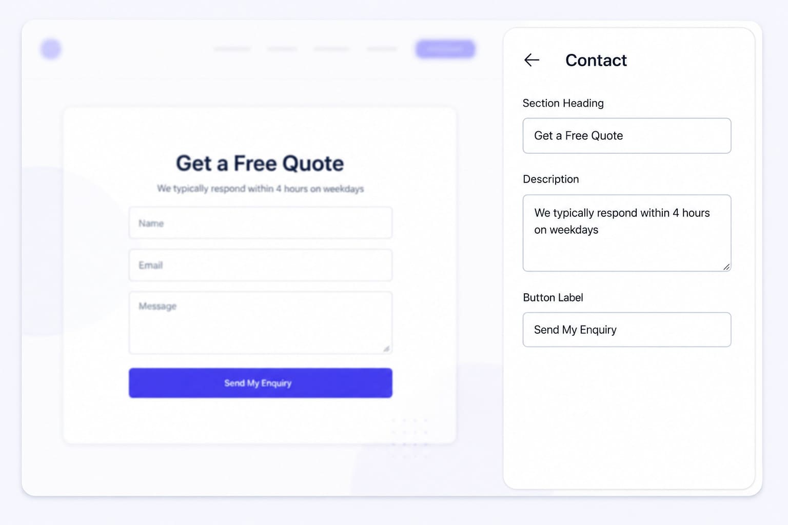 MakeOurs contact form section being edited — heading field, response time text, and submit button label all being customized