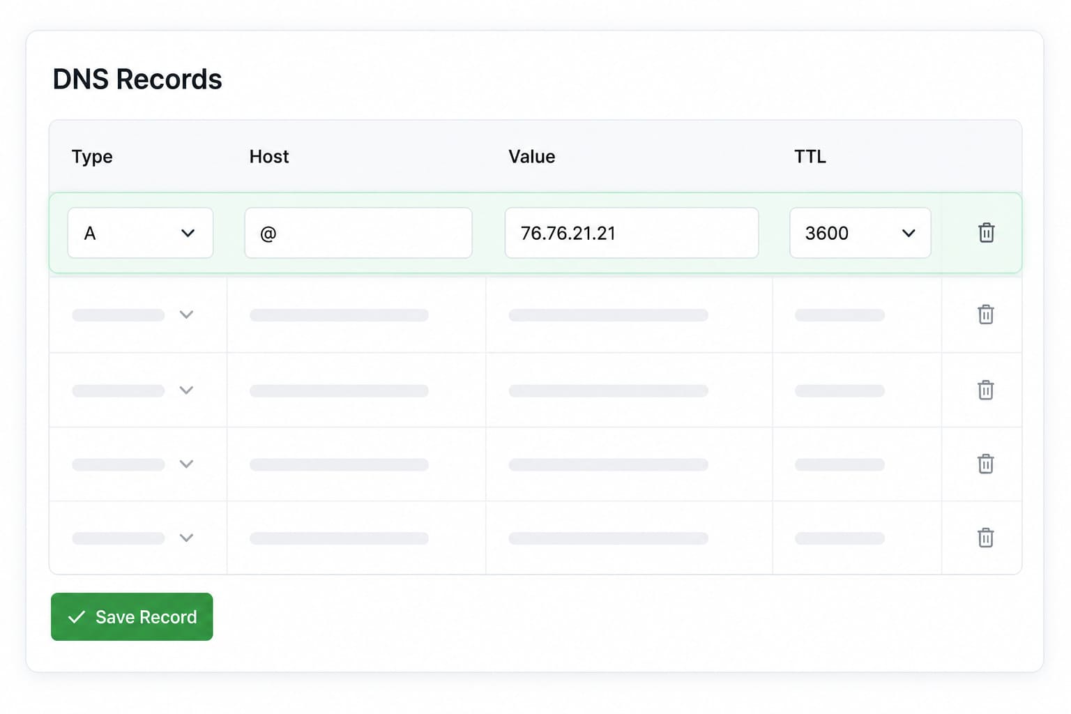 A domain registrar's DNS panel showing a single A or CNAME record entry filled in with the value from MakeOurs