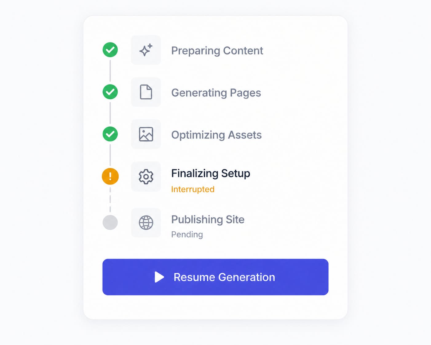 MakeOurs generation status card showing a resume option after an interrupted run