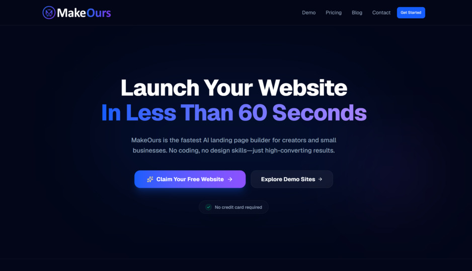 MakeOurs homepage showing the 'Claim Your Free Website' button, clean AI landing page builder interface