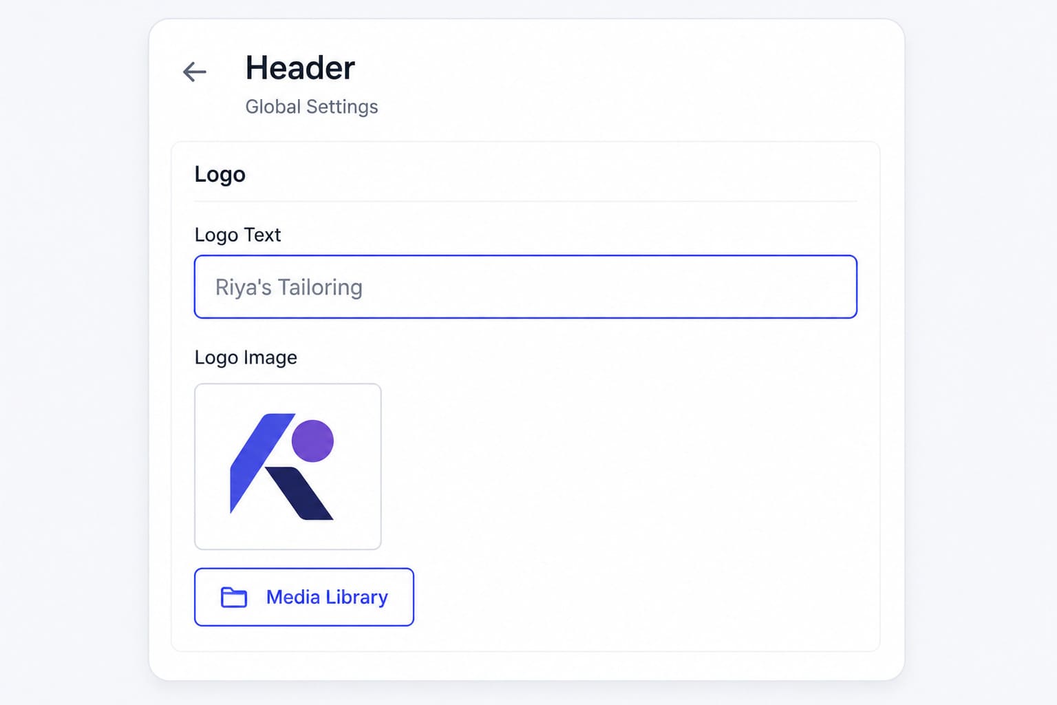 MakeOurs header editor panel showing the Logo Image field with Media Library button and URL input below the preview area