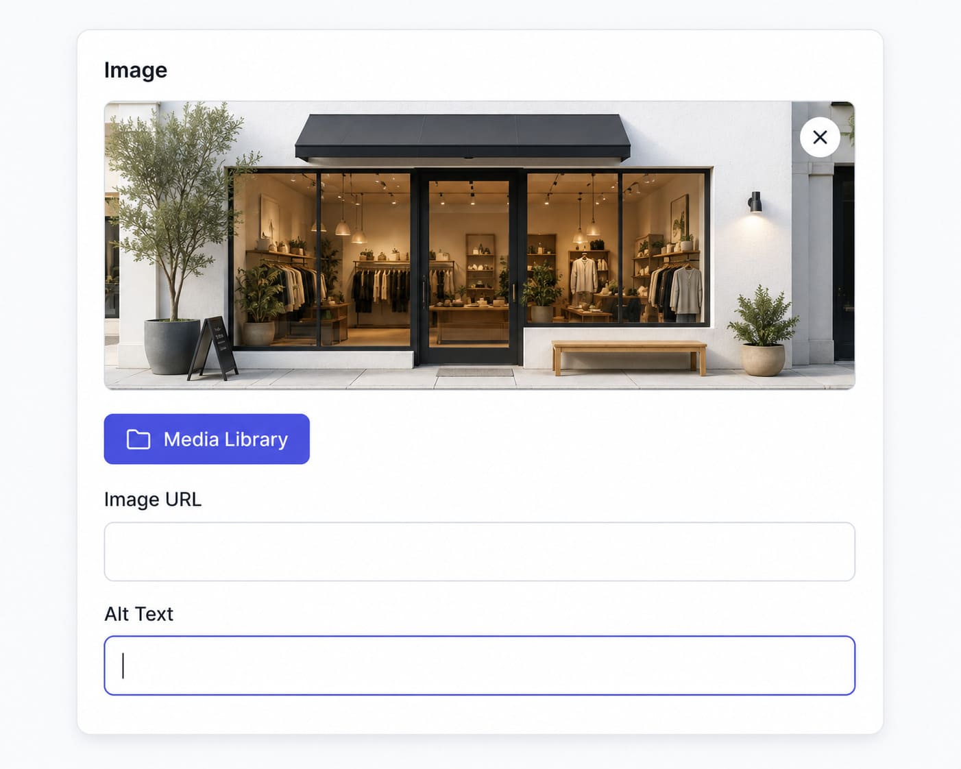 MakeOurs section editor panel showing an image field with Media Library button and URL input below the image preview