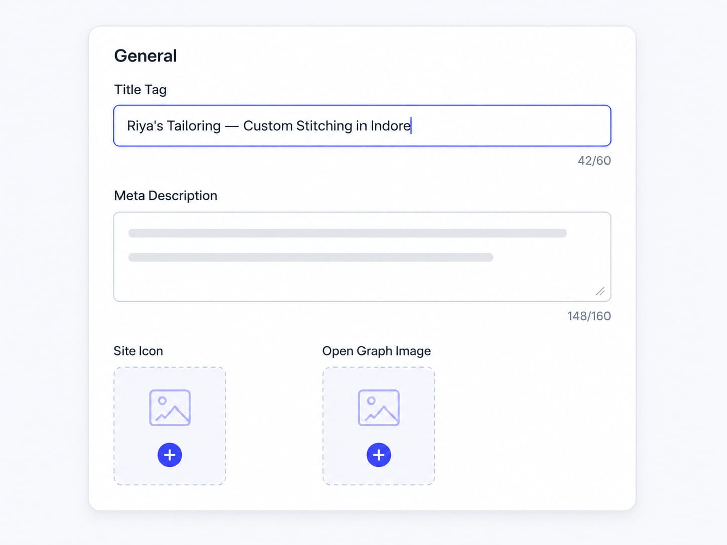 The MakeOurs Settings tab showing Title Tag, Meta Description, Site Icon, and Open Graph Image fields with character counters