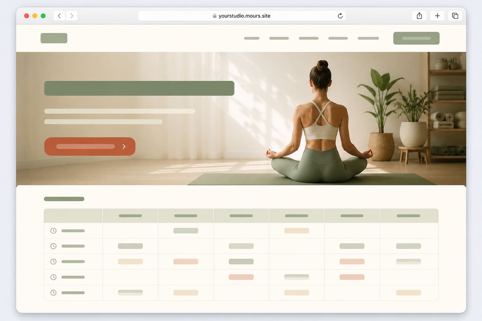 Screenshot showing a MakeOurs yoga studio site generated from a detailed prompt — hero section, schedule table, and free trial CTA visible