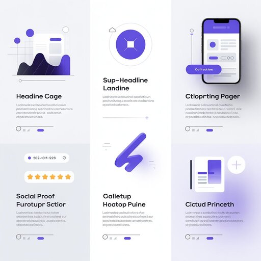 Clean diagram showing five elements of a high-converting startup landing page — headline, sub-headline, CTA button, social proof, and mobile-first design layout
